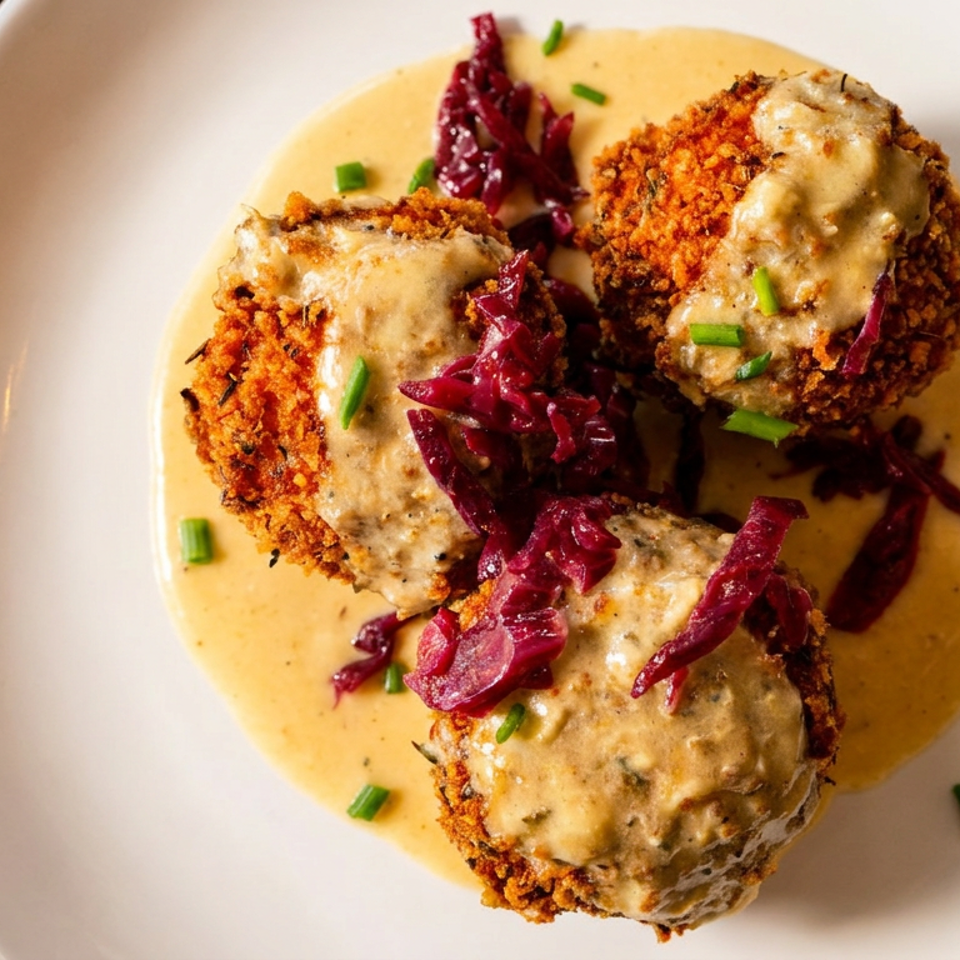 Three golden-brown croquettes with creamy sauce, red cabbage, and chives on a white plate.