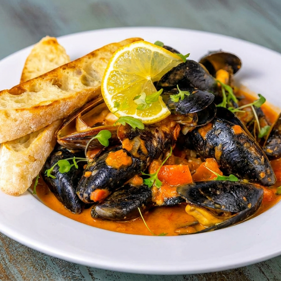 Steamed mussels in a tomato-based sauce with lemon and baguette slices on a white plate.