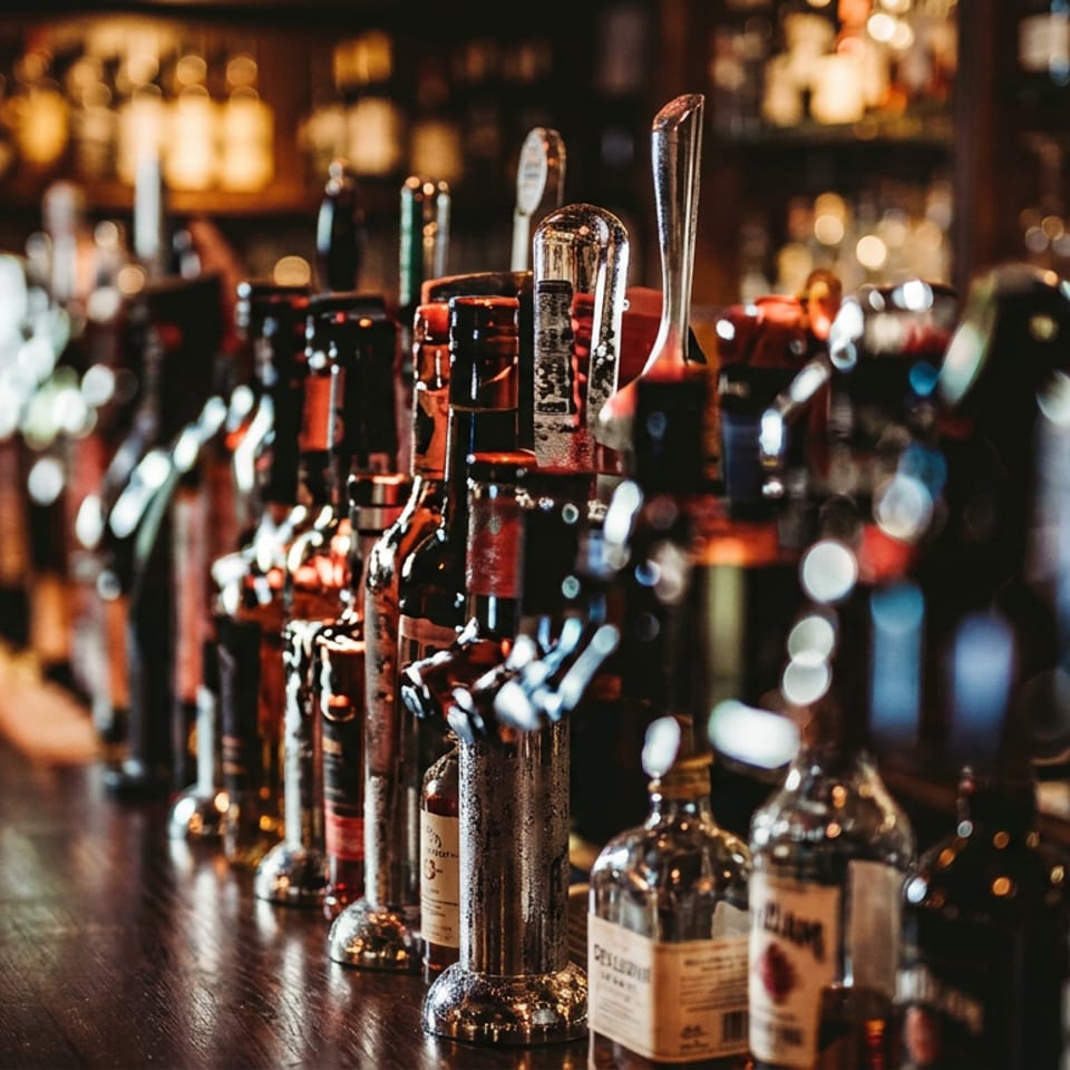 Row of liquor bottles and beer taps on a dark wooden bar counter with blurred background.