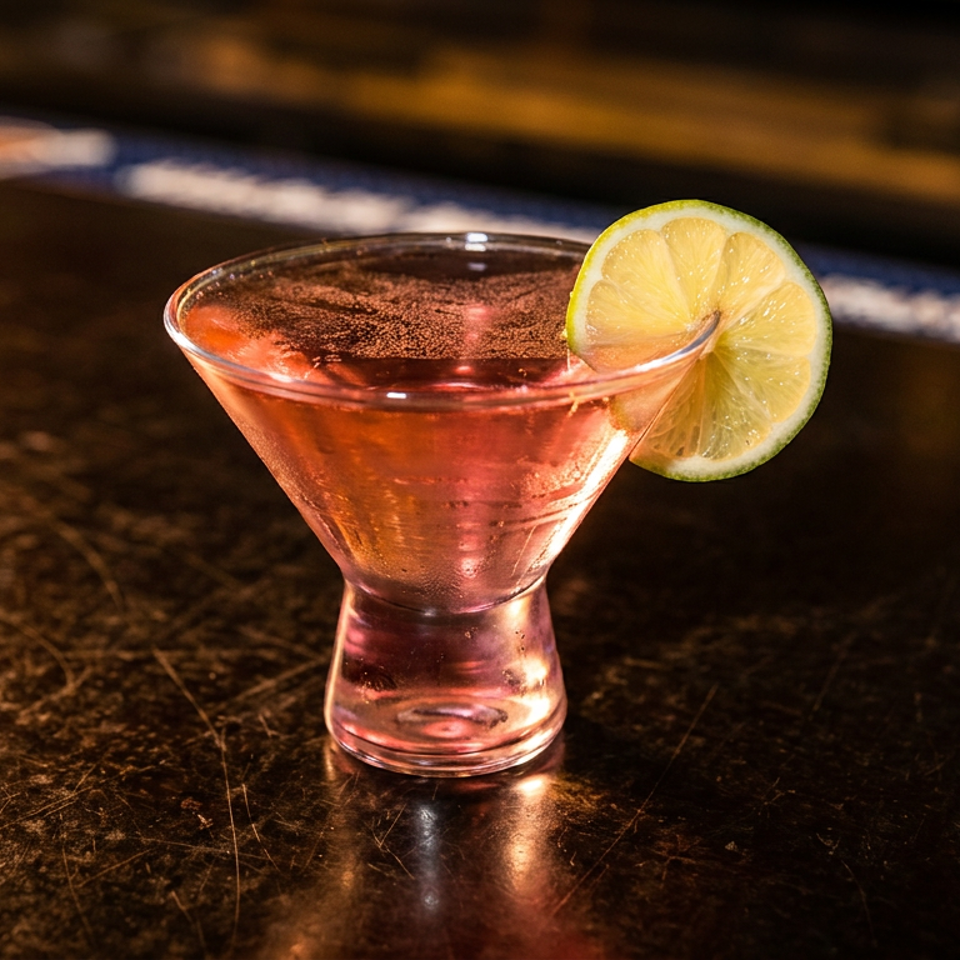 Pink cocktail with bubbles and a lime garnish in a martini glass on a dark bar.