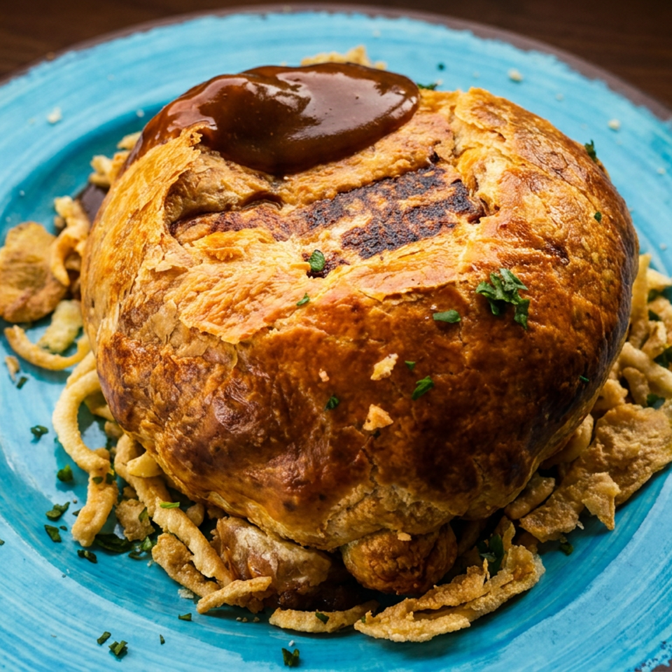 Golden-crusted pot pie with gravy and crispy onions on a vibrant blue plate.