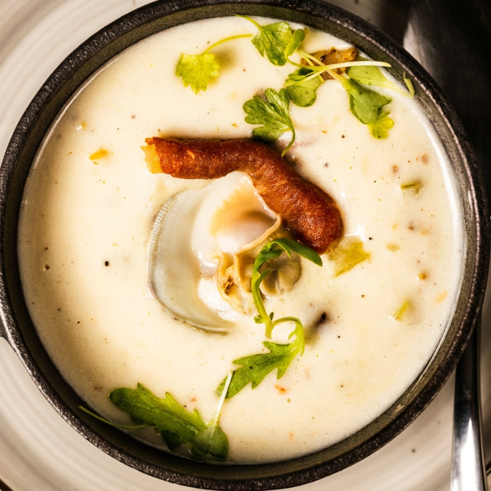 Creamy clam chowder in a black skillet, garnished with a clam, crispy pork, and fresh herbs.