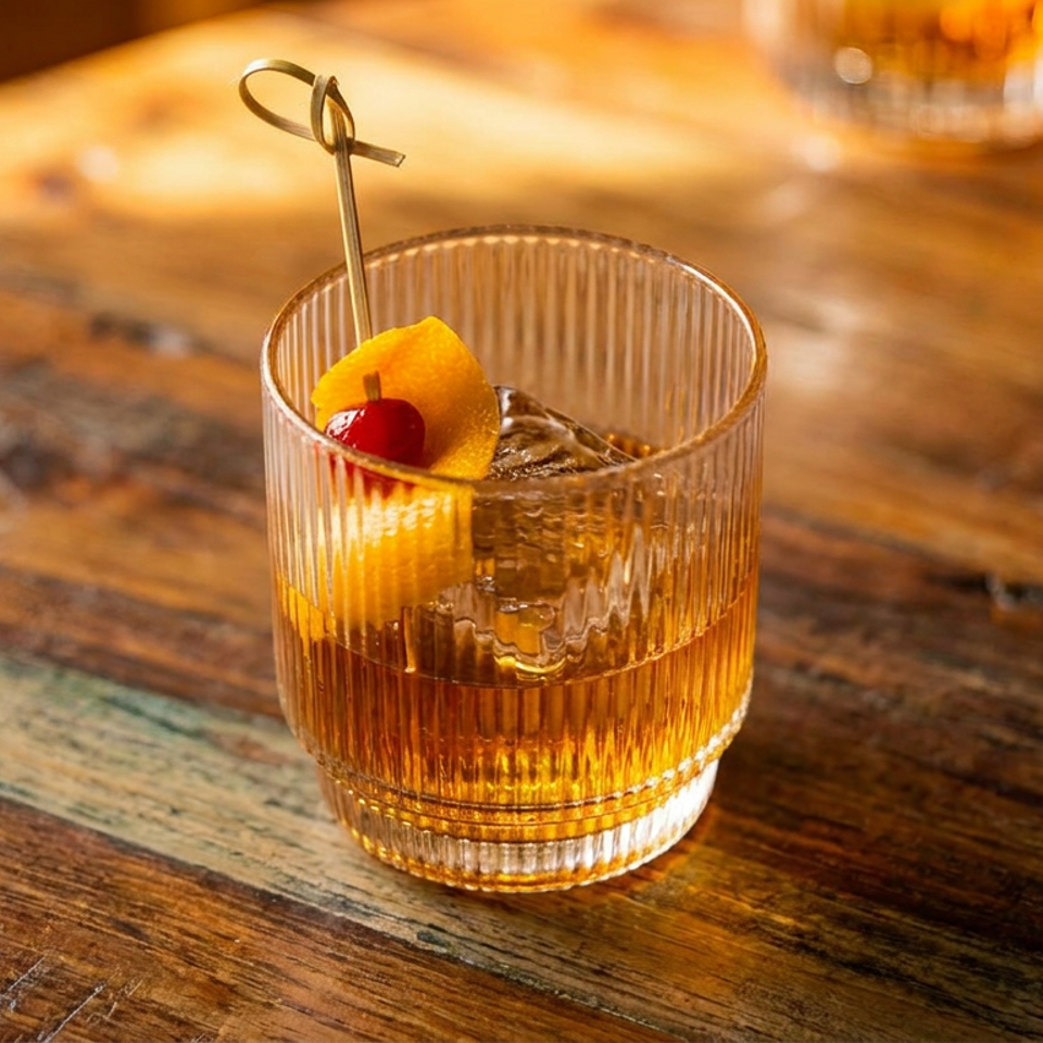 An amber cocktail with ice, orange peel, and cherry in a ribbed glass on a warm wooden table.