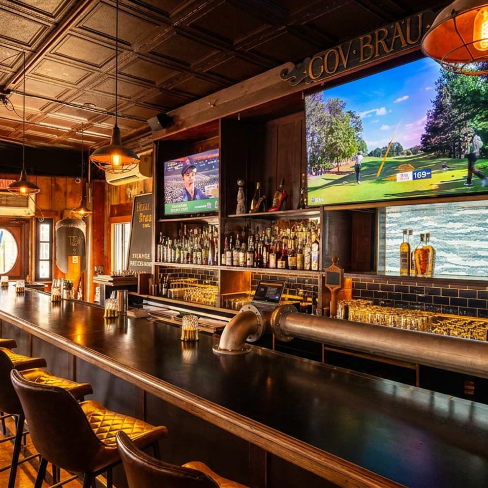 Long, well-stocked bar with stools, industrial lighting, and TVs showing sports.